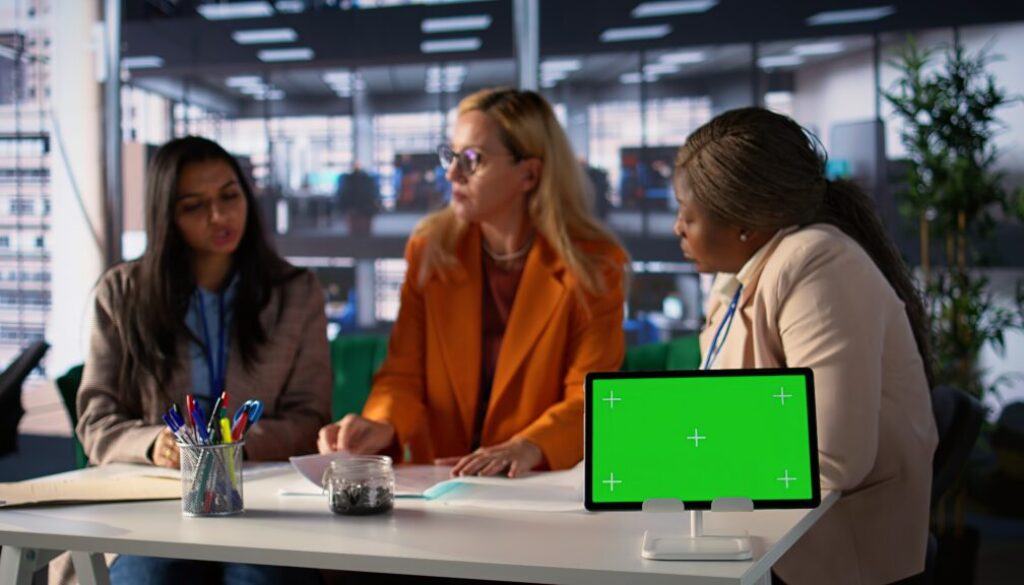 Group of businesswomen sharing insight on a new project next to copy space